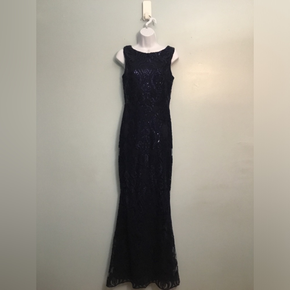 Quiz Navy Sequin Deep Plunge Evening Gown